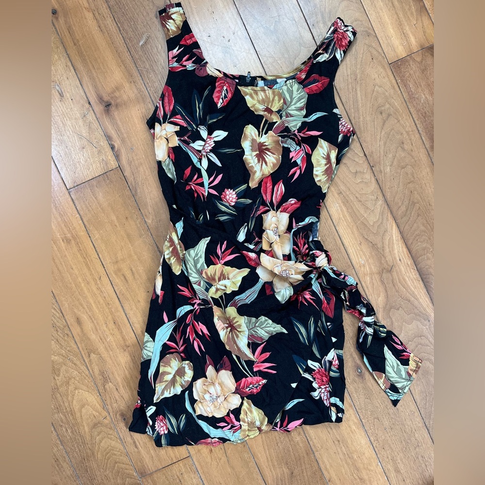 Vintage tropical floral mini wrap dress